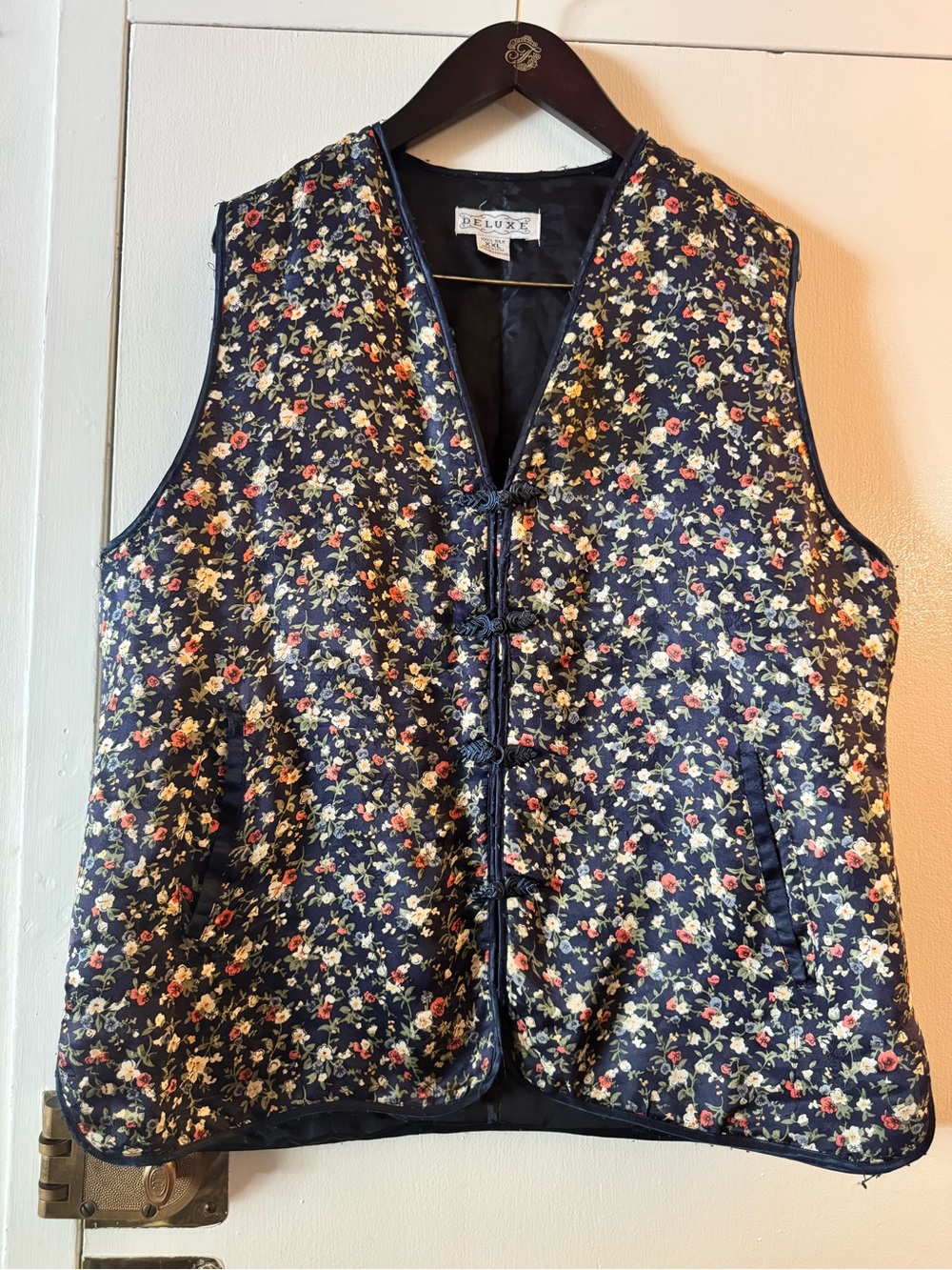 Deluxe Floral Navy Women's Satin Jacket with Frog Closures XXL
